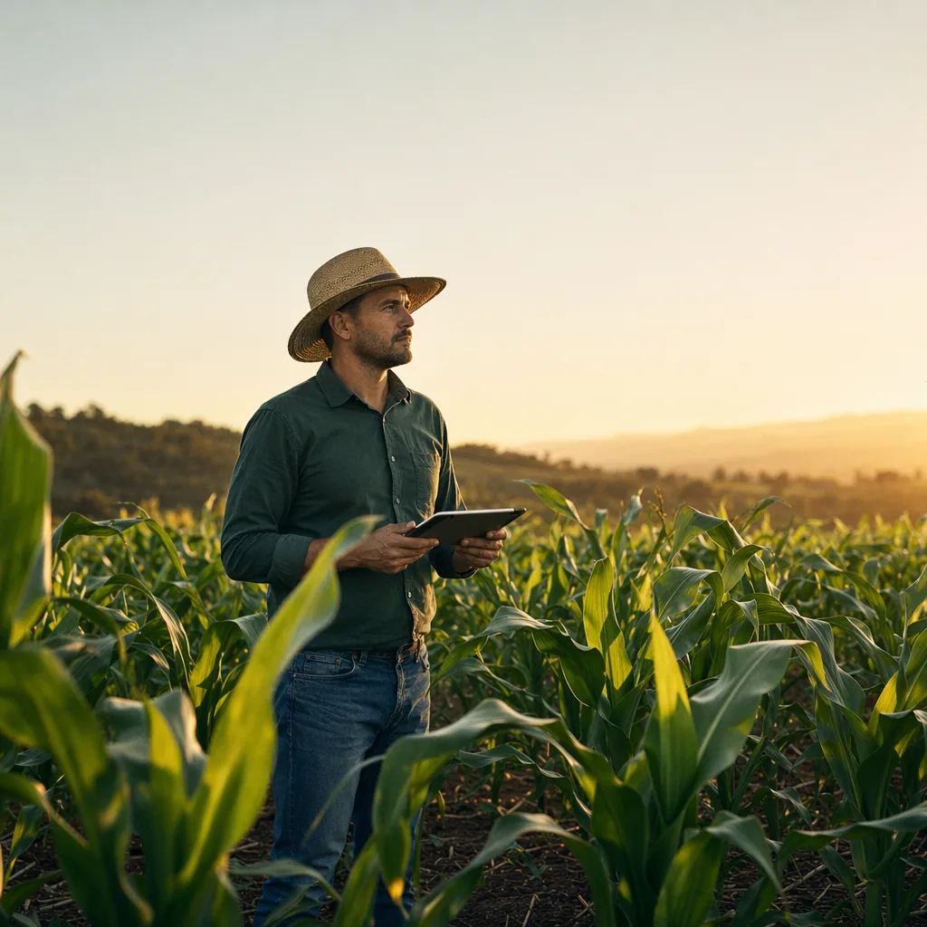 Produtor inspecionando lavoura com tablet